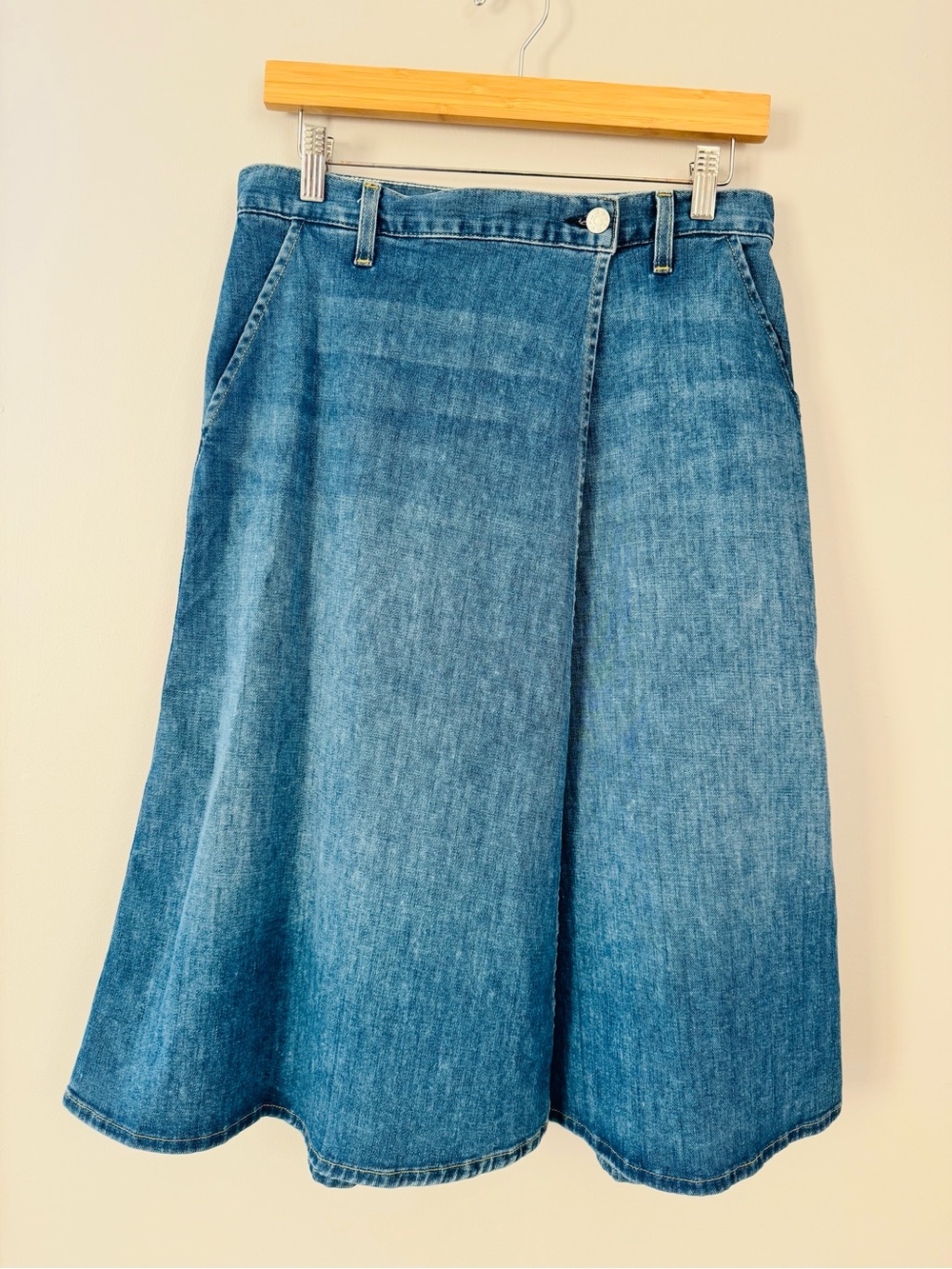 NWOT AMO Denim Wrap Skirt S Made in USA Medium Wash A-Line Anthropologie $298
